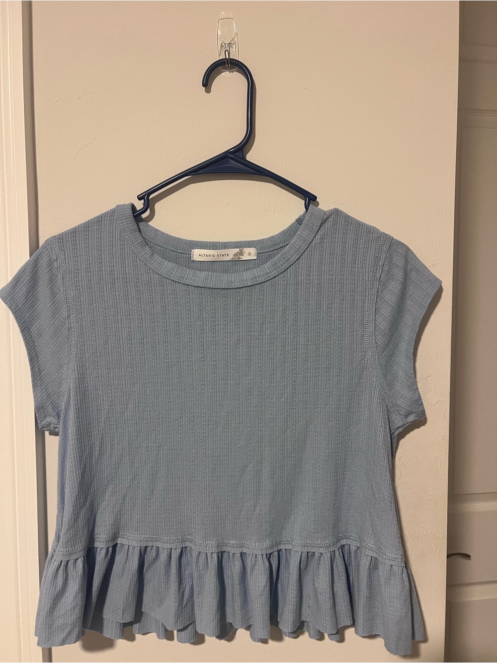 Altar'd State Pale Blue Ruffle-Hem Short Sleeve Tee